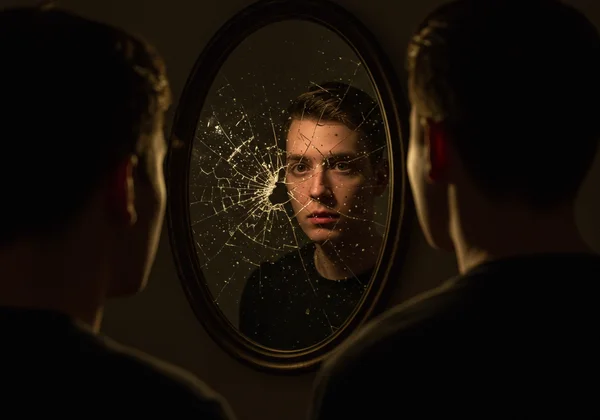 A person looking at a distorted, shattered reflection.