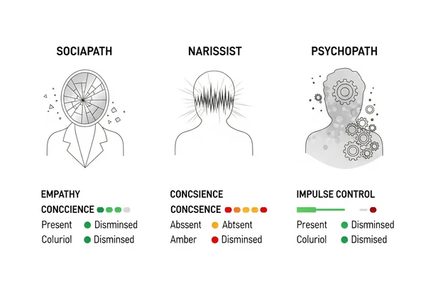 Visual comparison of sociopath, narcissist, and psychopath traits